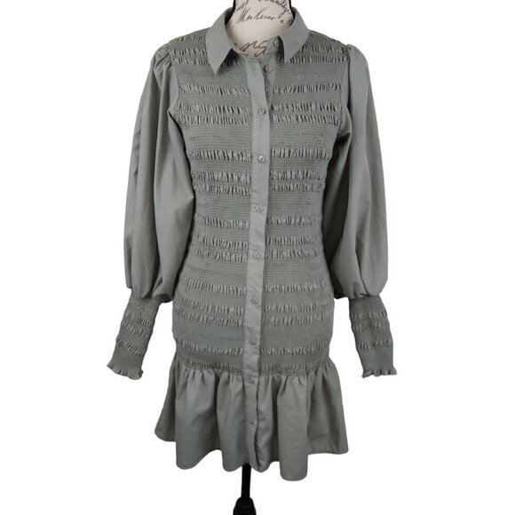 HYFVE | Smocked Balloon Sleeve Button Dress Olive Green Ruffle | Size L - Picture 2 of 9